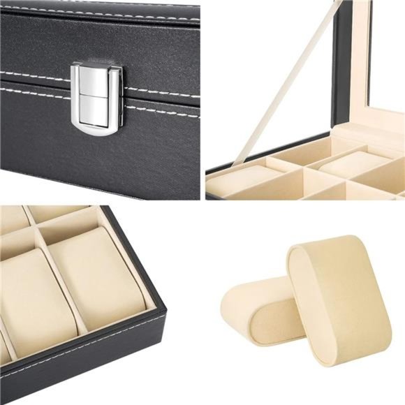 NEW - Watch Box Display Case Leather Jewelry Organizer with Glass Top - Picture 4 of 6